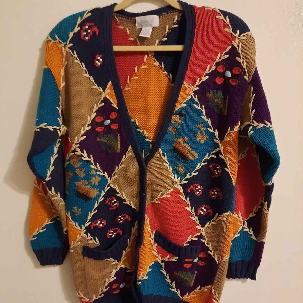 Vintage 80s Colorful Oversize button front cardigan.